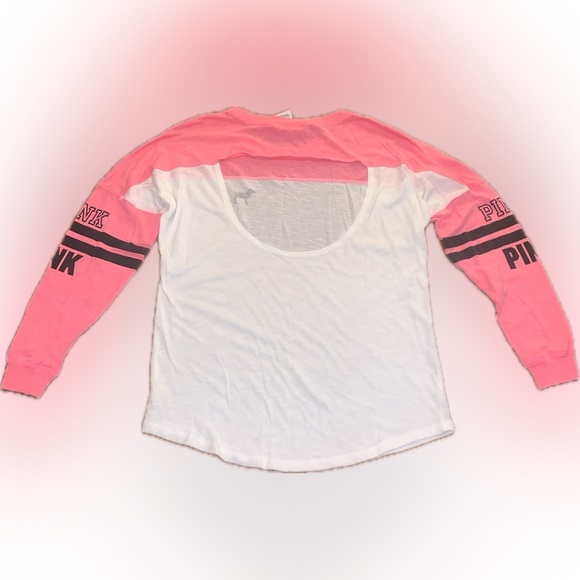 PINK Victoria's Secret Open Back Oversized Hot Neon PinkWhite Long Sleeve Tee XS - Picture 6 of 7
